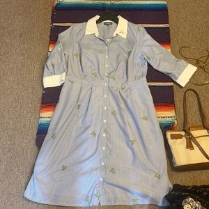 Modcloth Cactus Stripe Blue White Button Down Dress Pockets 16
